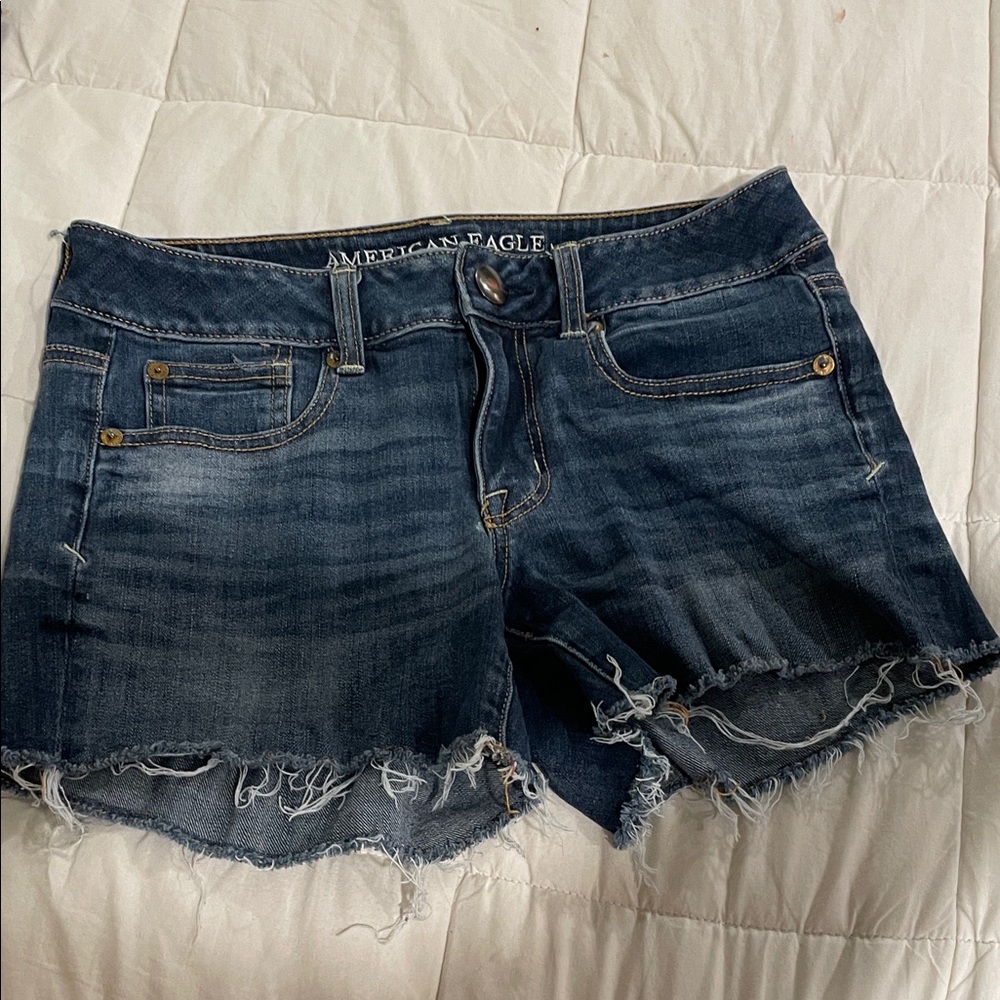 American Eagle Outfitters Dark Blue Frayed Jean Shorts